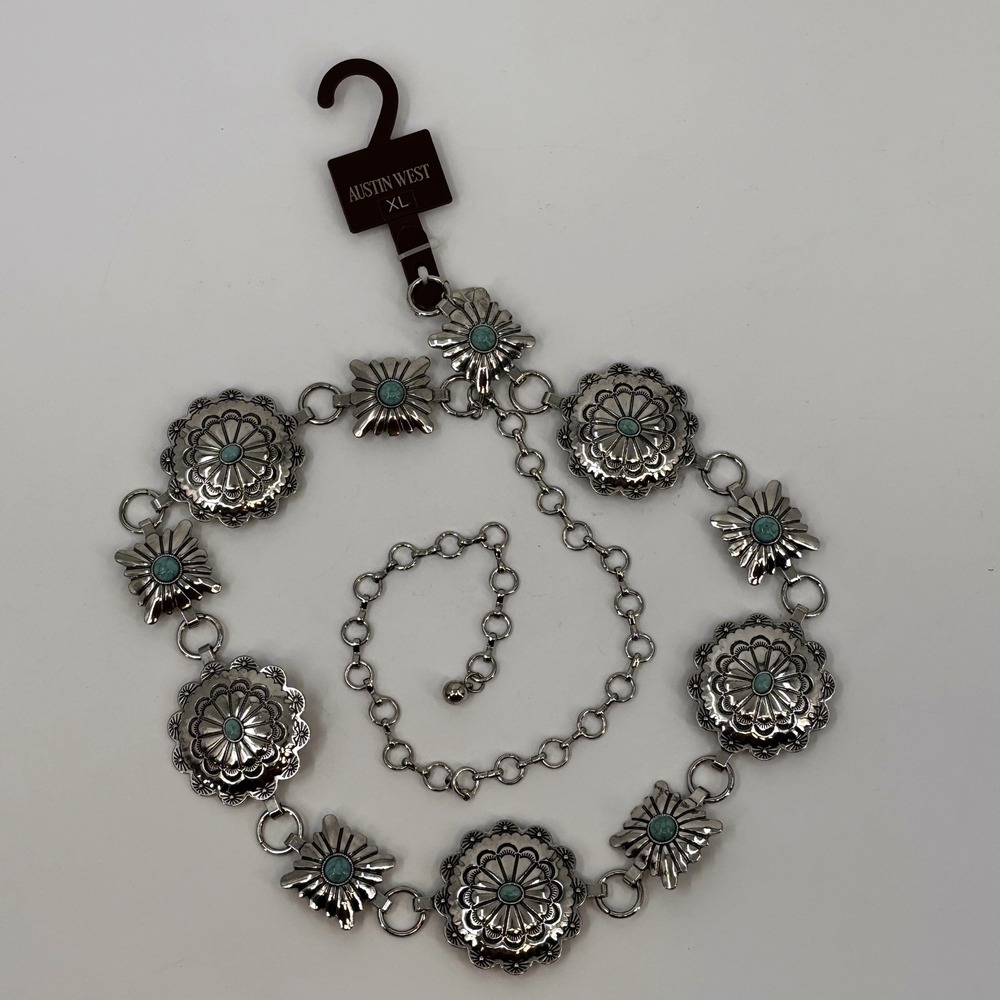 Austin West Concho Chain Belt Women XL Silver Turquoise Southwestern Adjustable